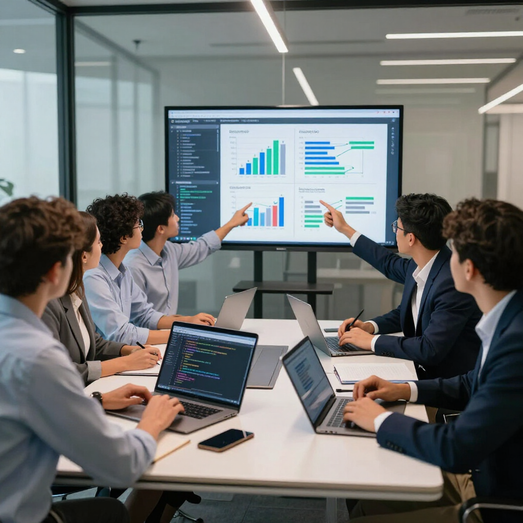 Team meeting in a glass conference room, reviewing analytics on a large screen with laptops open.