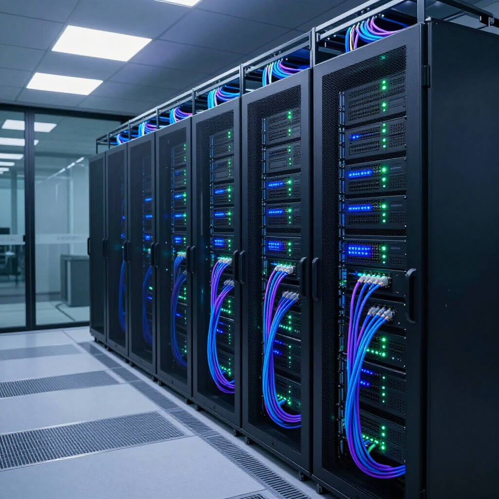 Server racks in a modern data center with blue and purple cable lighting