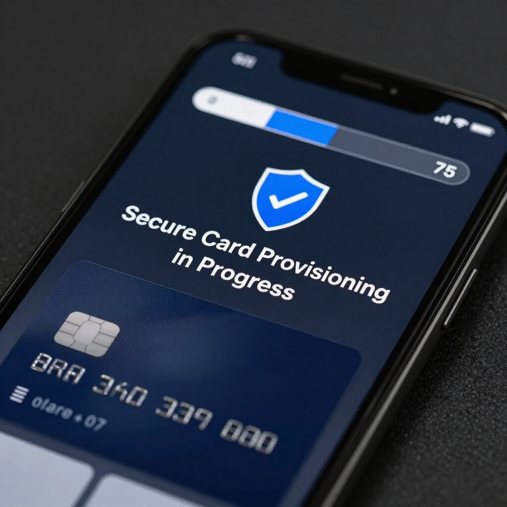 Smartphone showing a card provisioning progress screen with a blue shield icon and a credit card graphic