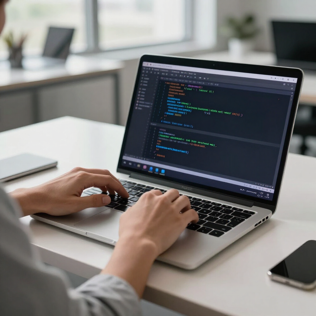 Hands typing on a laptop displaying code on a desk with a smartphone beside it