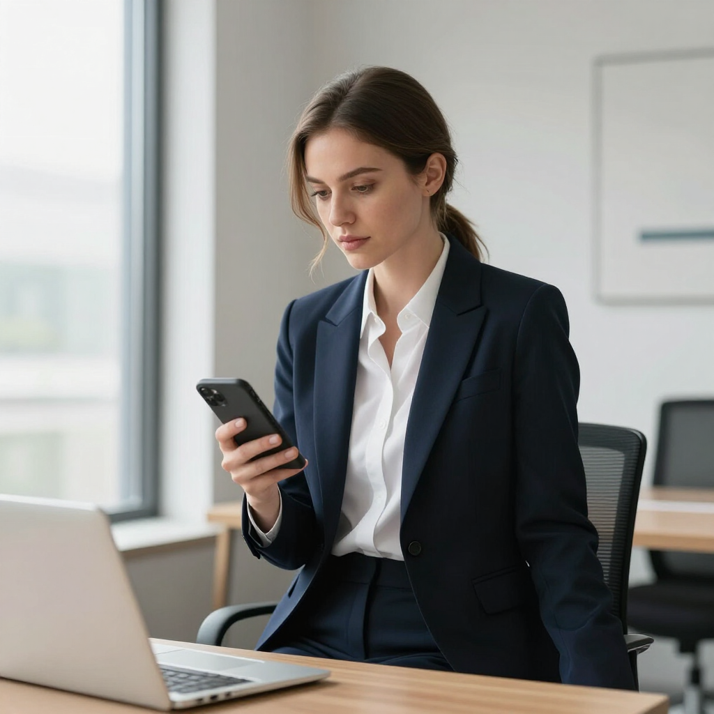 Woman in a navy suit checking her phone beside a laptop in a bright office