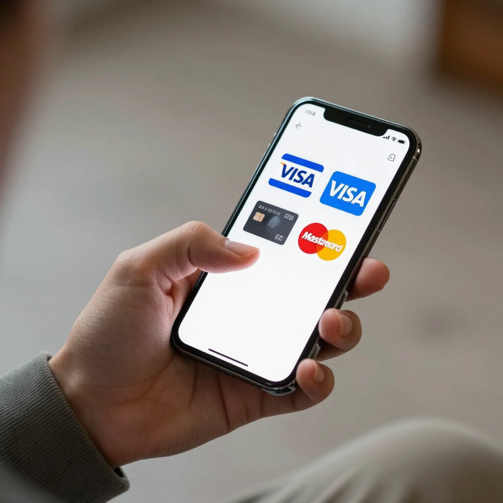 Hand holding a smartphone showing Visa and Mastercard payment icons