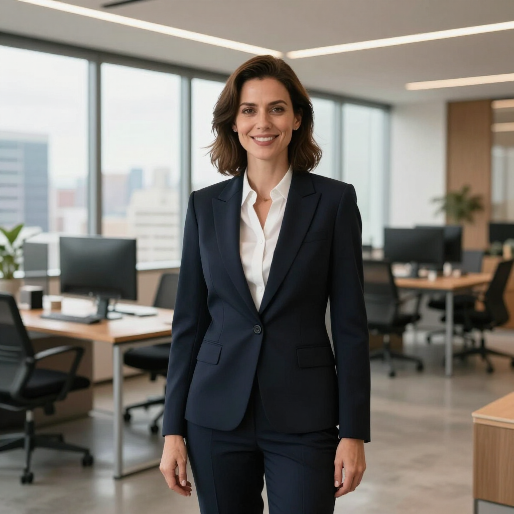 Professional woman in a navy suit standing in a modern office with desks and large windows.