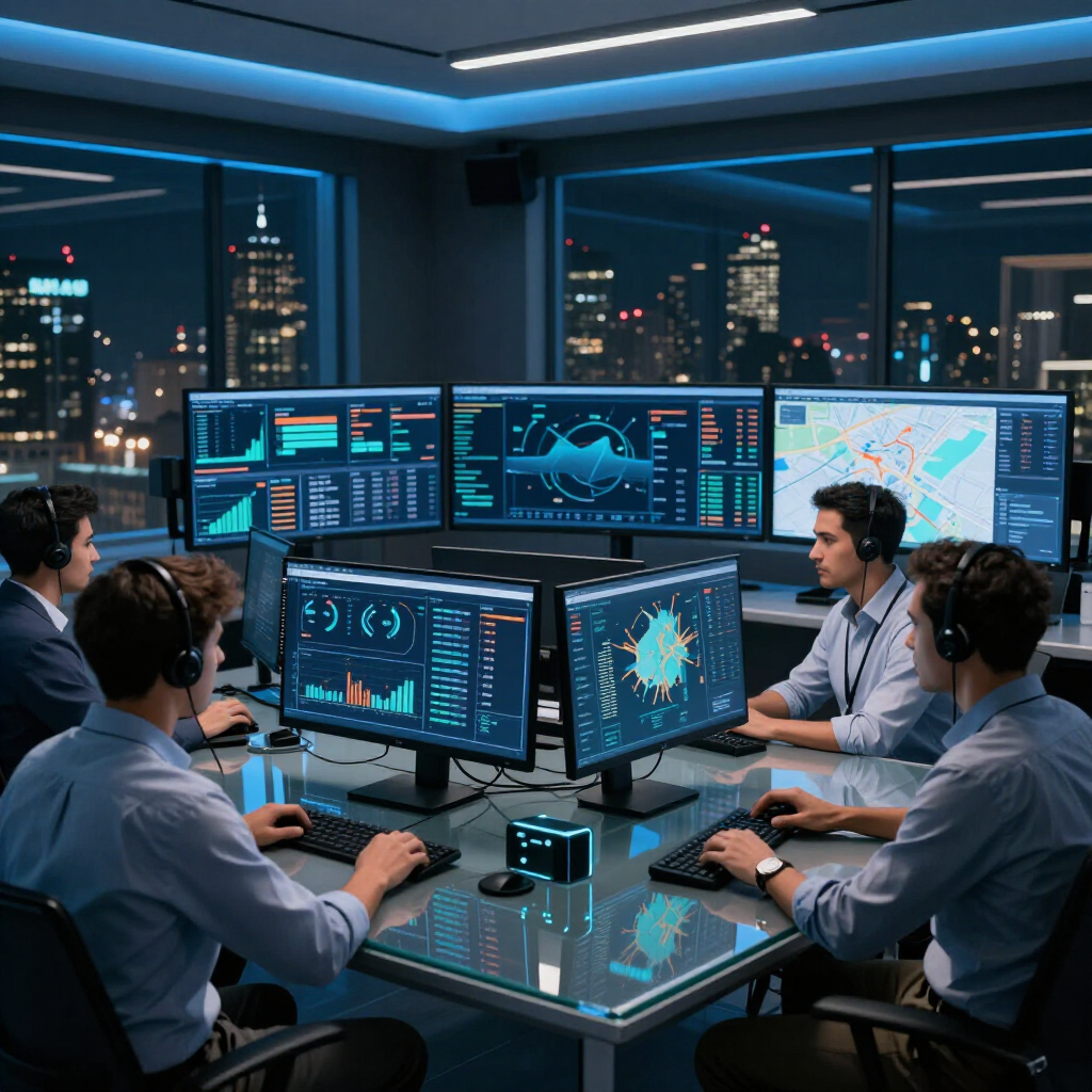 Team in a glass-walled control room analyzing data on glowing monitors at night