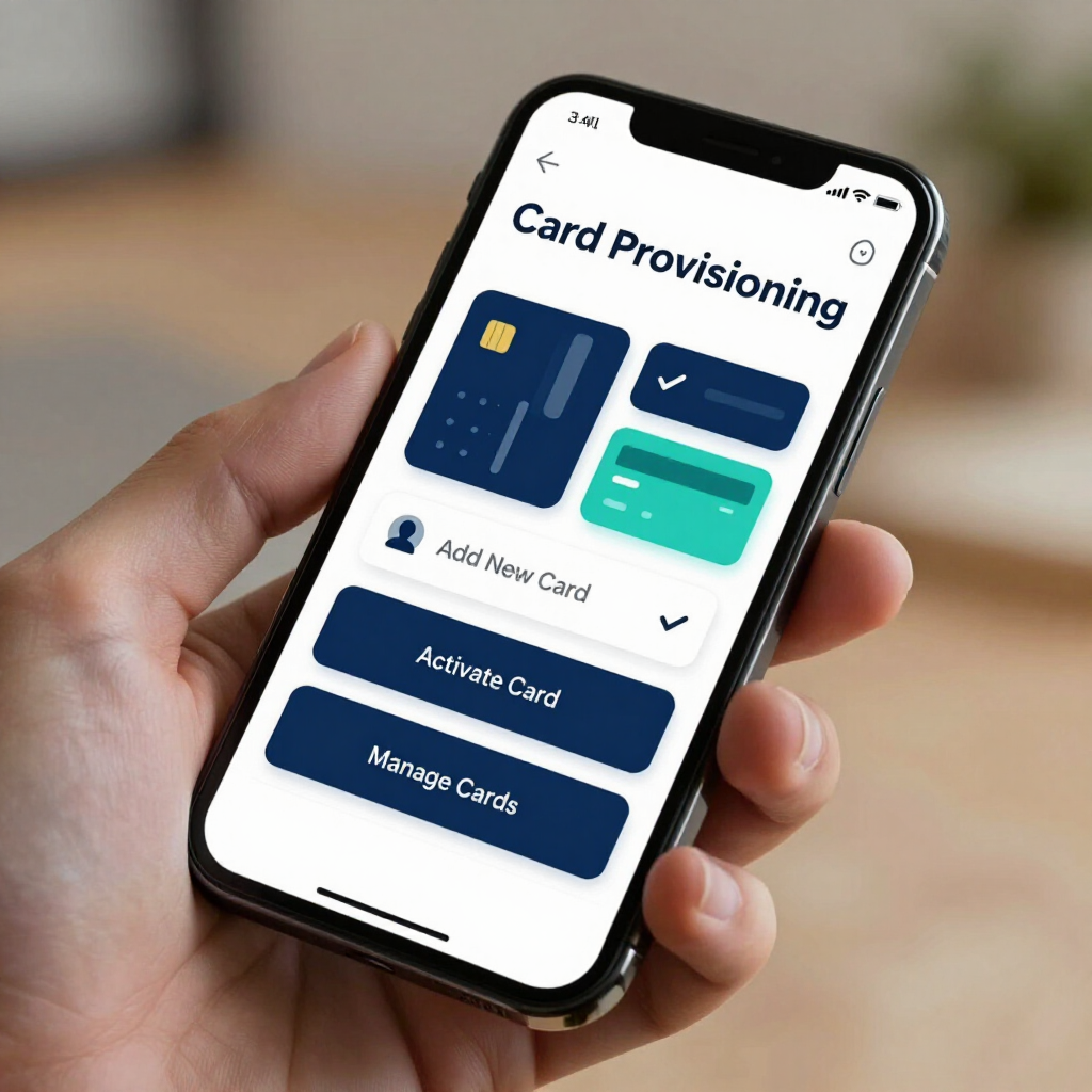 Hand holding smartphone showing a card provisioning app with blue and green payment cards on screen