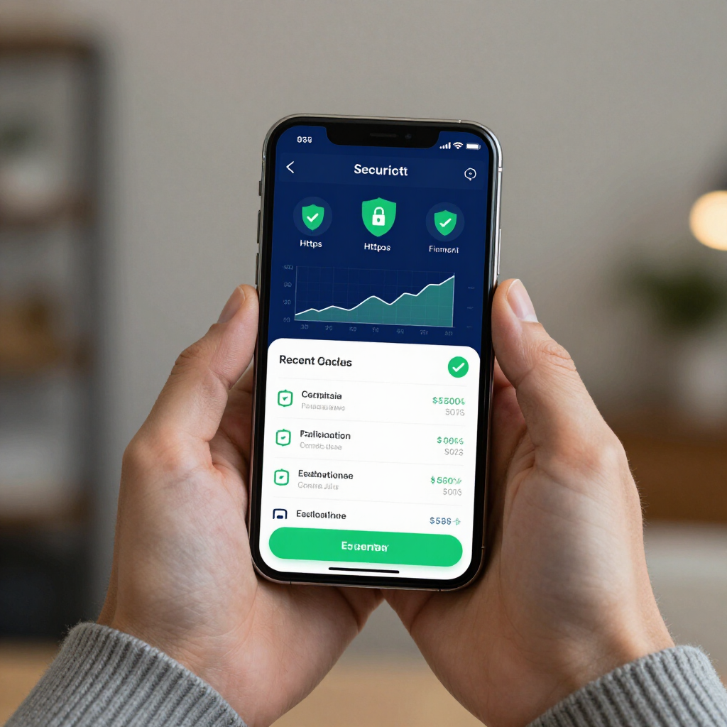 Hands holding a smartphone showing a green security app dashboard with shield icons and a graph