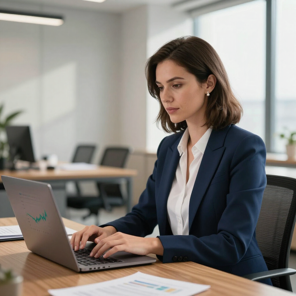 Woman in navy blazer typing on a laptop at a conference table in a bright office