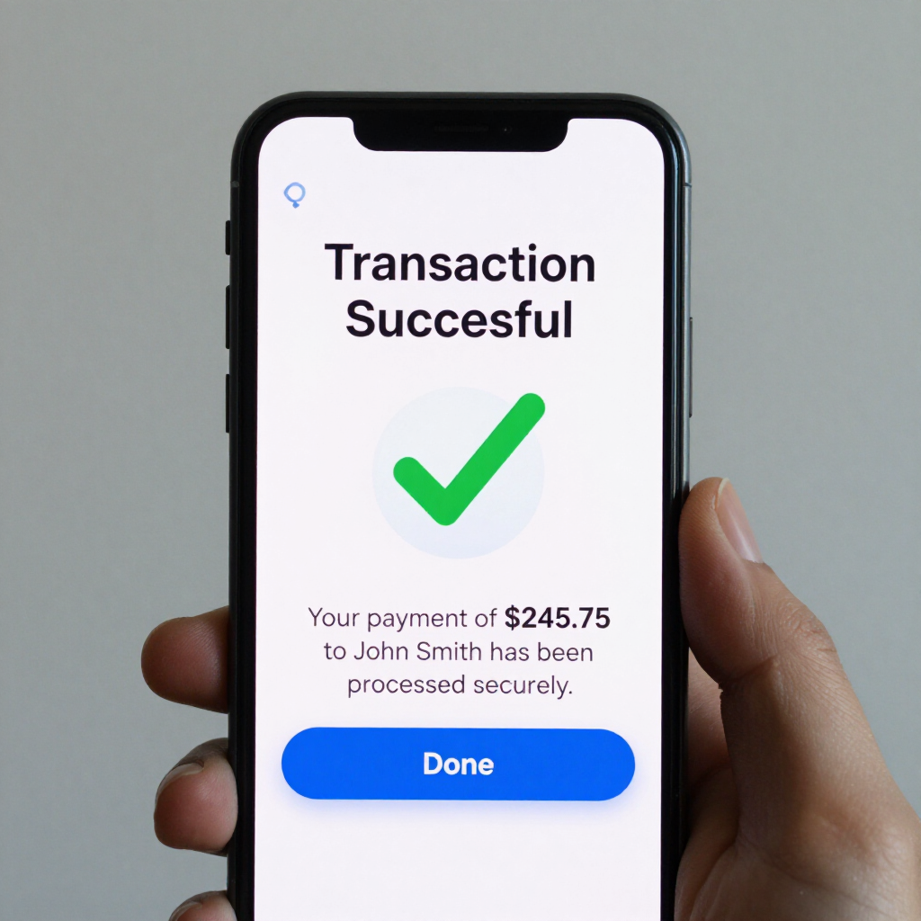 Hand holding smartphone showing a successful transaction screen with a green checkmark and blue Done button