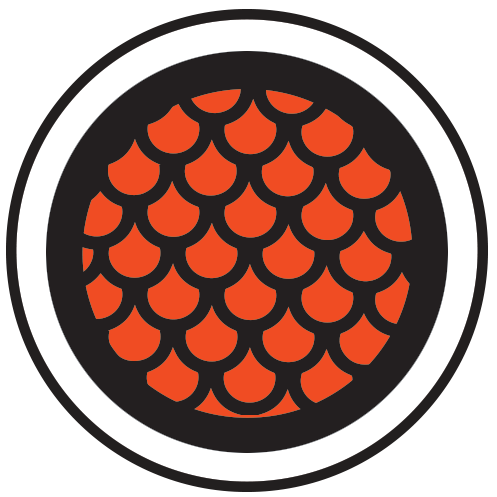 Orange, scale-like pattern within a black and white circular logo.