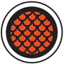 Orange, scale-like pattern within a black and white circular logo.