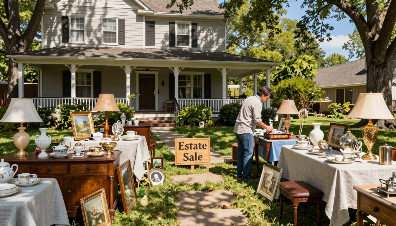 Estate sale set up on a front lawn with tables of housewares in front of a Victorian home