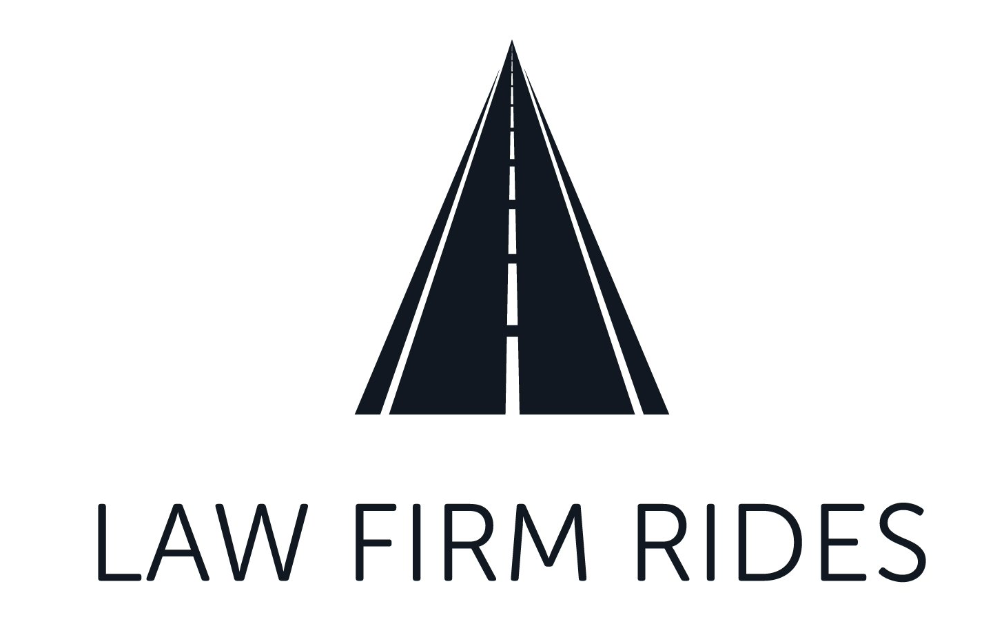 Logo for Law Firm Rides featuring a black triangular road icon with a white dashed center line above the company name.