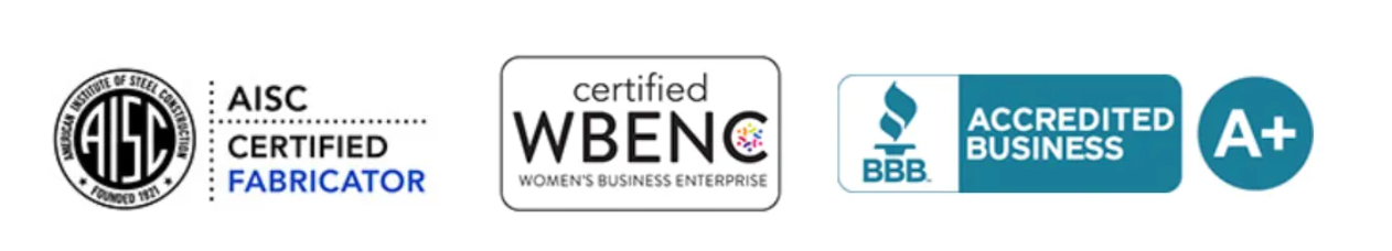 Certification badges for AISC, DBE, certified WBENC, and Accredited Business with A+ rating.