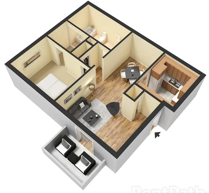 3D floor plan of a small apartment with bedroom, bathroom, kitchen, living area, and balcony.