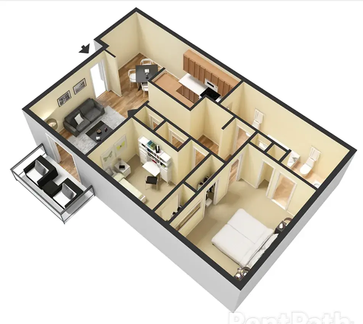 3D floor plan of a small apartment with bedroom, bathroom, kitchen, and living areas