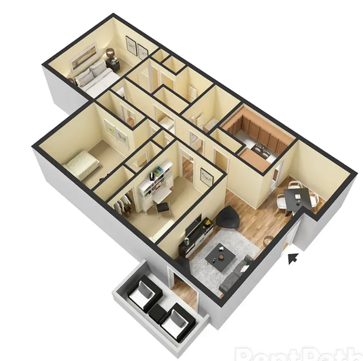 3D floor plan of a modern apartment with living room, kitchen, bedrooms, and bathrooms