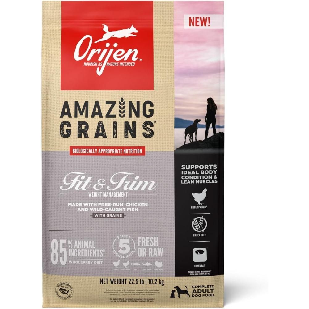 Orijen Amazing Grains Fit & Trim dog food bag with beige and red packaging, showing a dog silhouette.