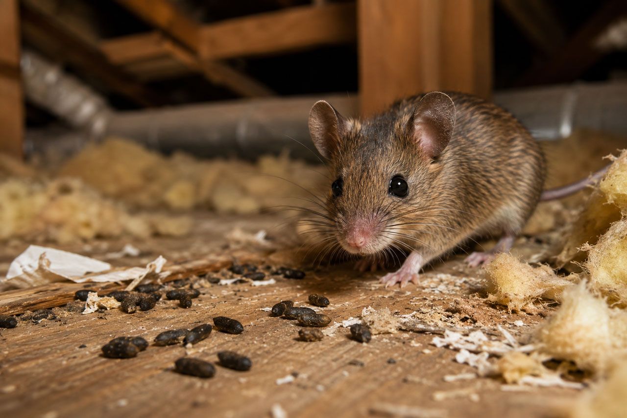 **Alt tag:**
Rodent control warning for Georgia homeowners showing a mouse near a home, highlighting