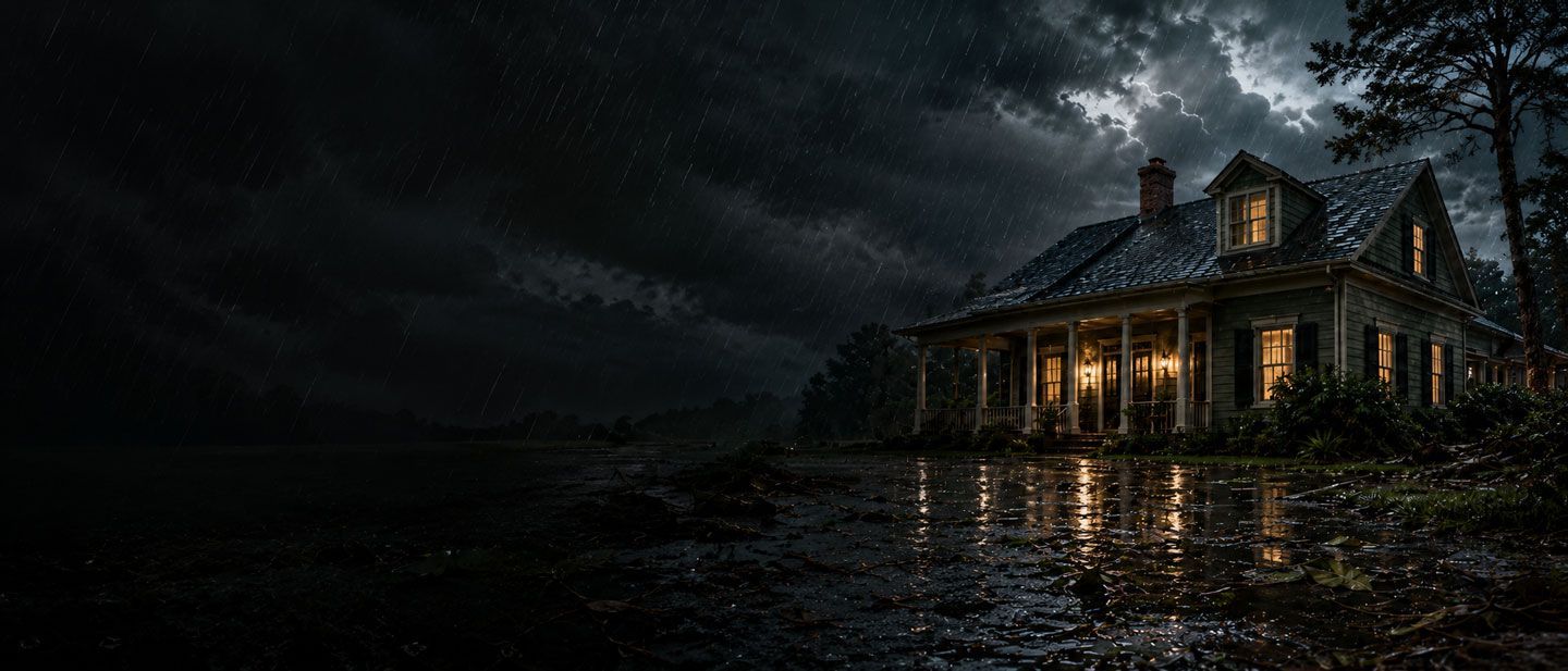 Pest Magic mascot with stormy Georgia home, heavy rain, and common pests during hurricane season.