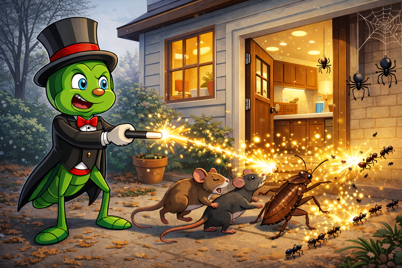Pest Magic mascot protecting a Middle Georgia home from winter pests including rodents, roaches, ant