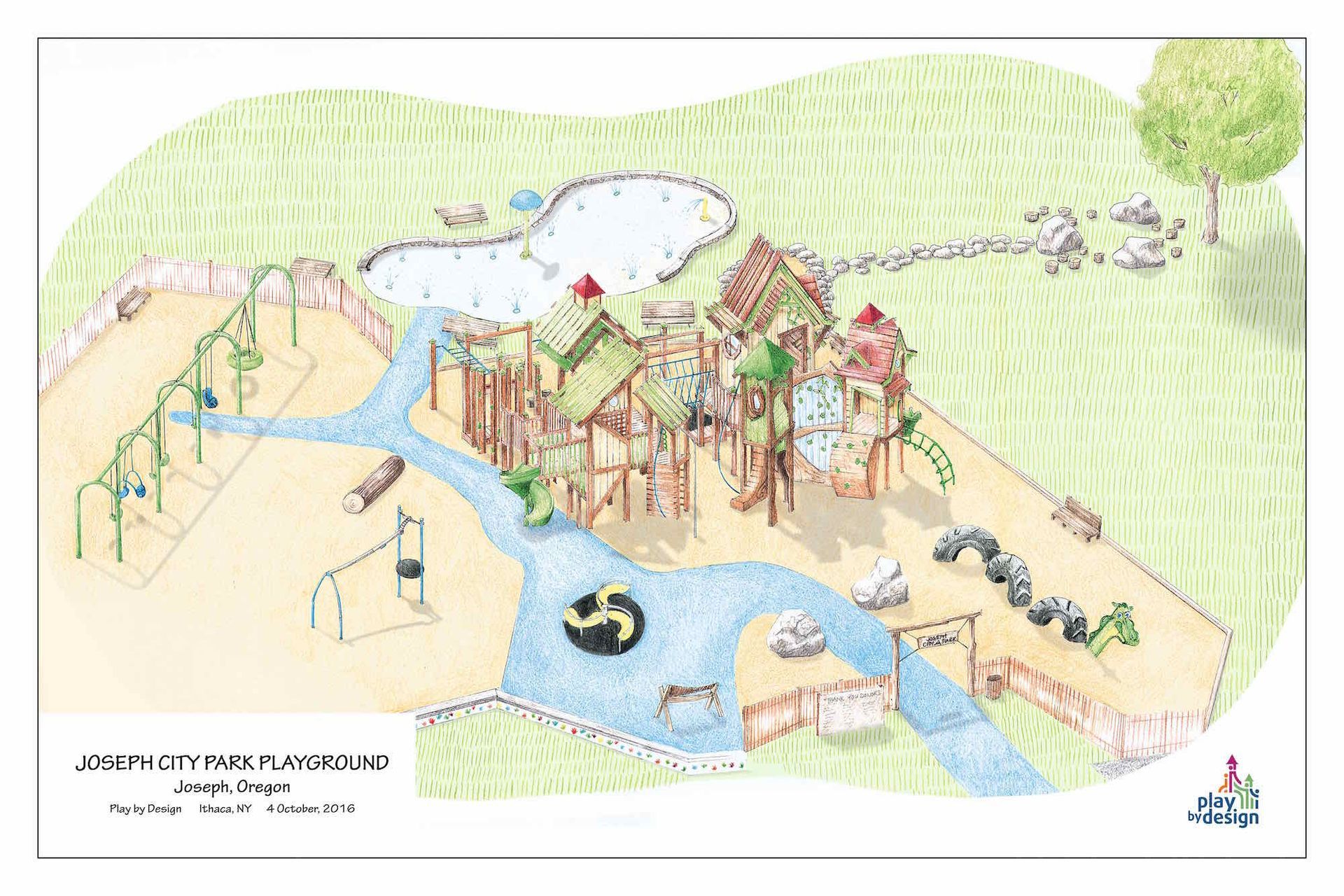 An aerial view of a playground with a river running through it.
