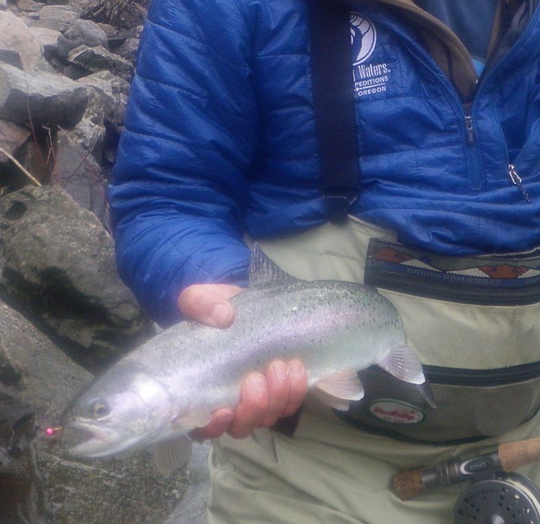 A man in a blue jacket is holding a fish