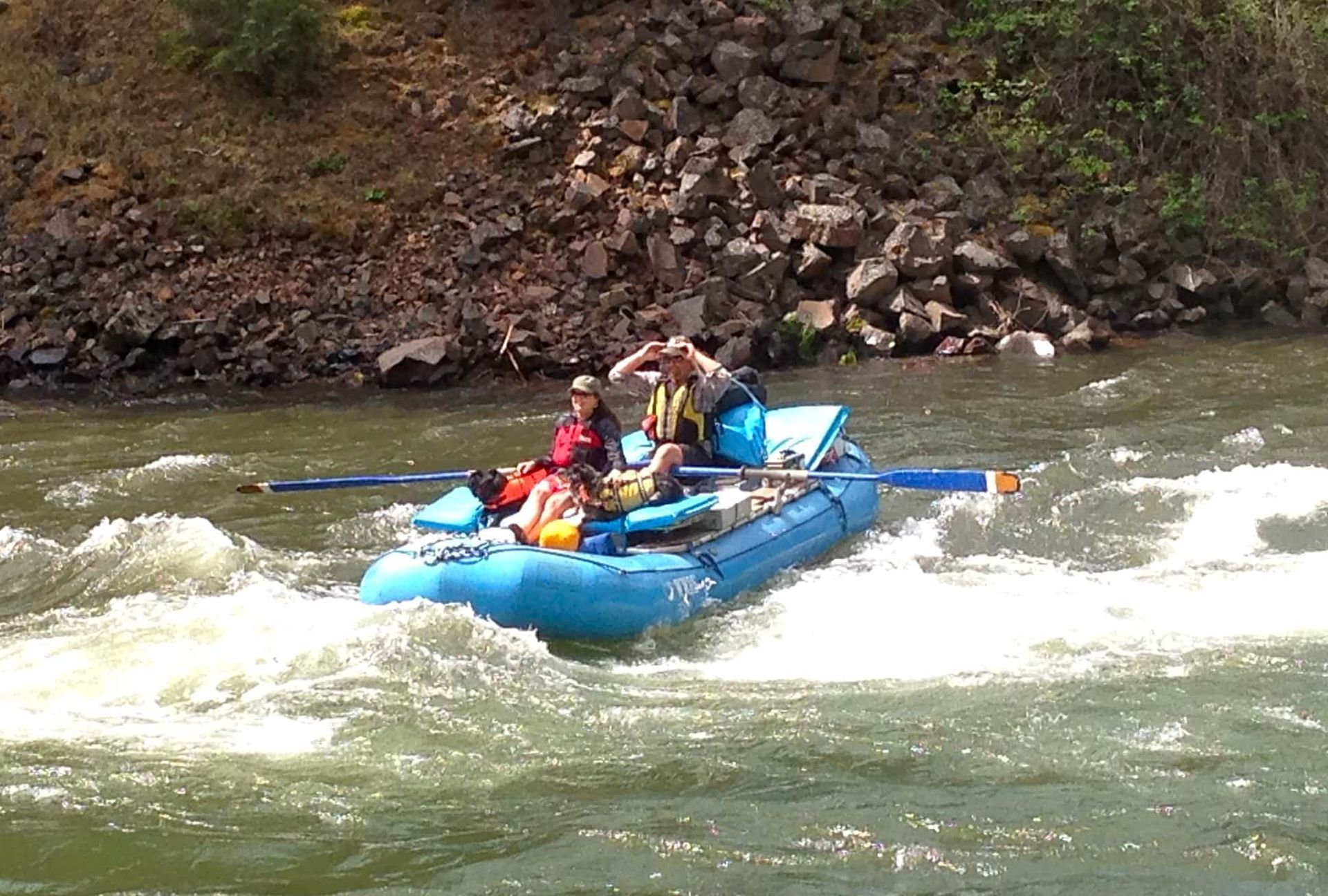 A group of people are rafting down a river.