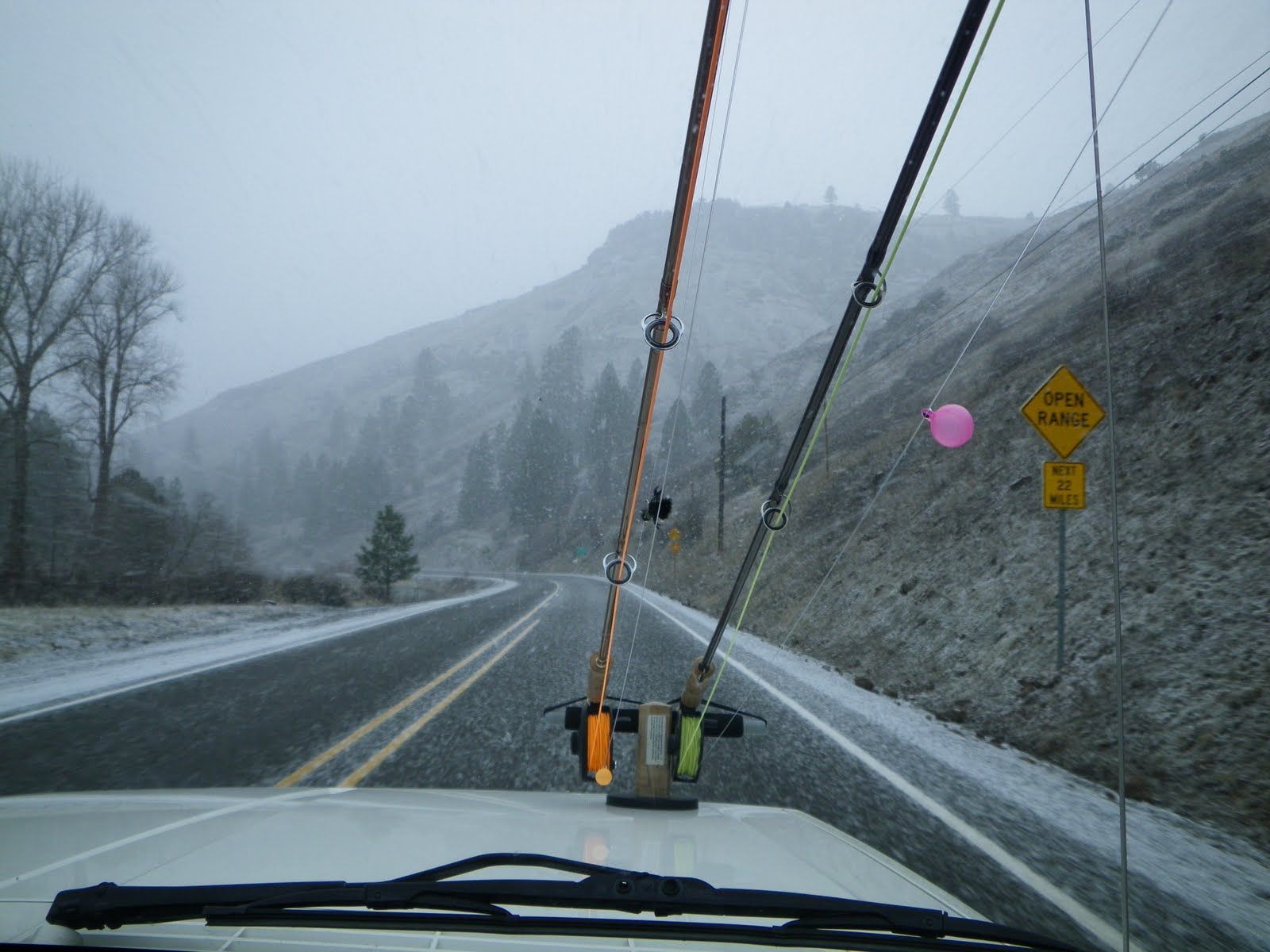 A fishing rod is hanging from the windshield of a car