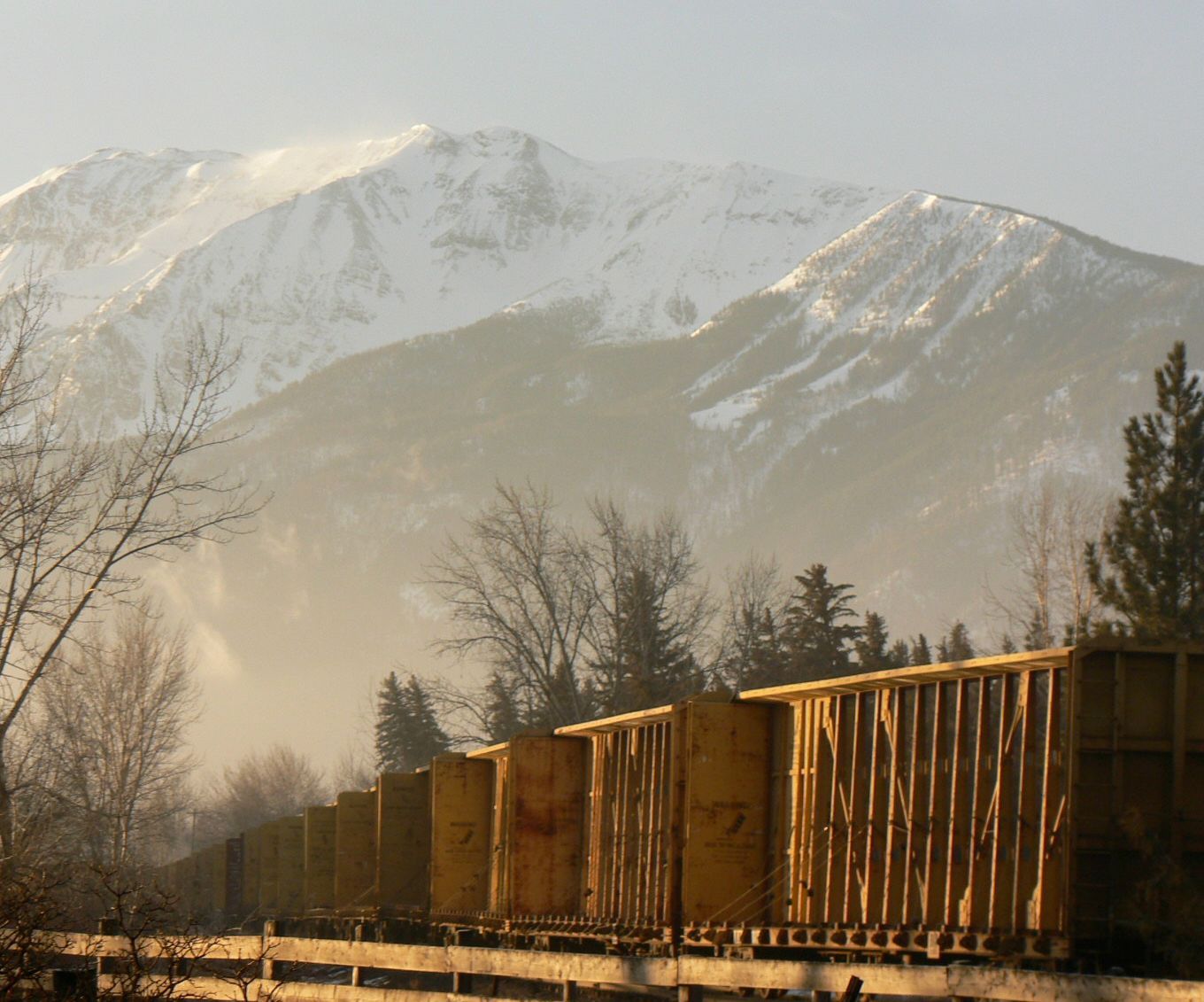 A train is going down the tracks with mountains in the background