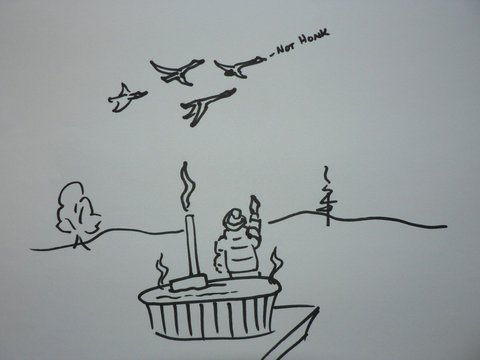 A black and white drawing of a man in a hot tub