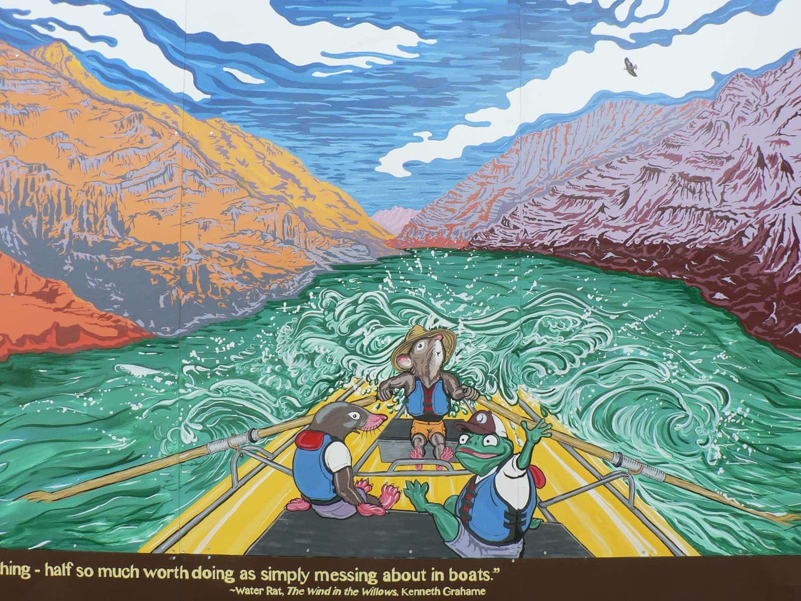A painting of a group of people in a raft on a river