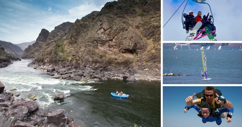 A collage of three pictures shows a river , a ski lift , and a person flying through the air.