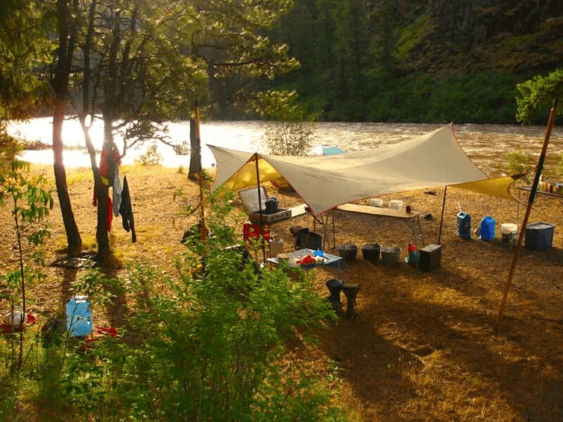 A tent is set up in the woods near a river
