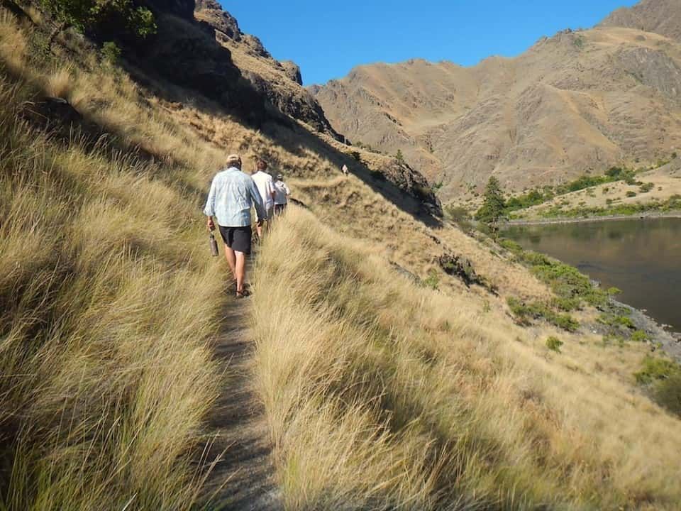 Group of People Are Walking Down a Trail in Mountains