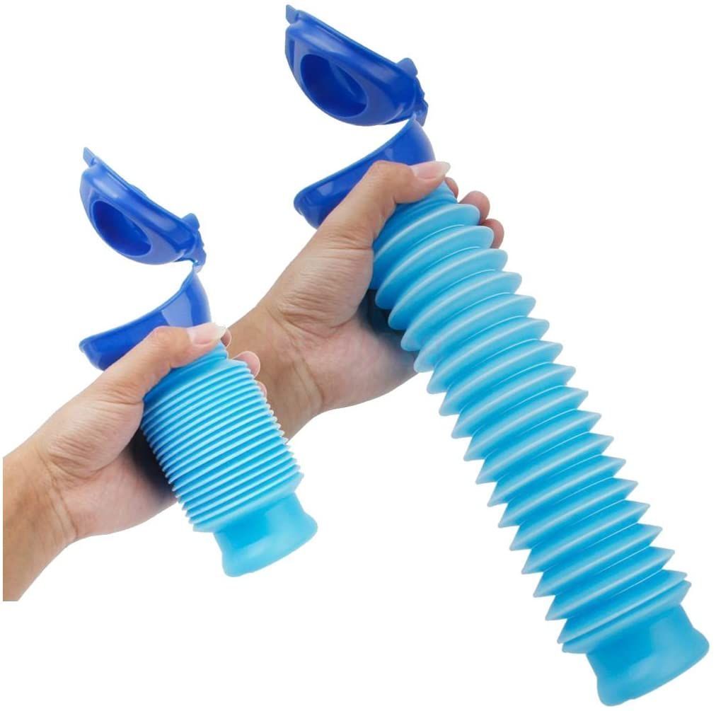 A Person is Holding Two Blue Urinals in Their Hand
