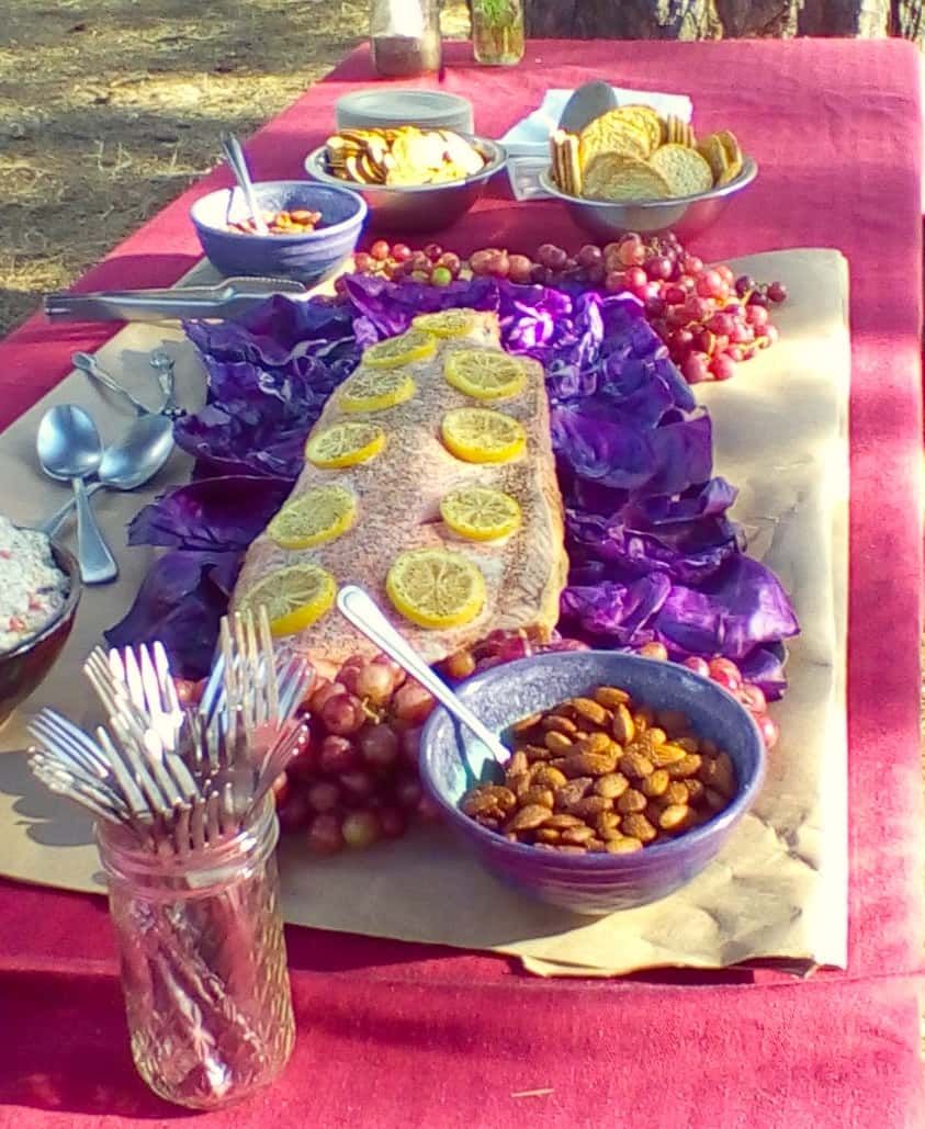 Picnic table spread with food, including baked salmon, grapes, almonds, and red cabbage on a red tablecloth.