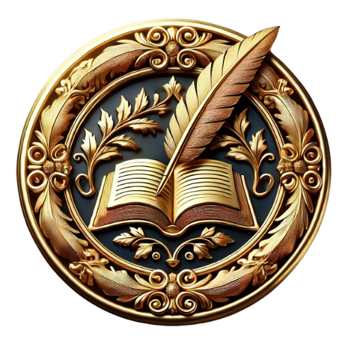 Legacy & Knowledge – A golden crest with an open book and a quill, surrounded by intricate floral designs, symbolizing wisdom, authorship, and the power of recorded history.
