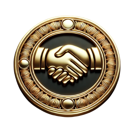 Strategic Partnership – A golden medallion with two shaking hands, surrounded by an elegant border, signifying trust, alliances, and high-level business negotiations.
