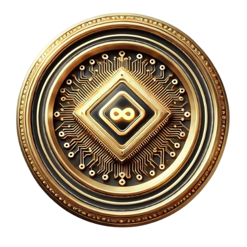 Infinite Intelligence – A gold-plated microchip with intricate circuits and an infinity symbol at its core, representing advanced technology, limitless knowledge, and computational power.
