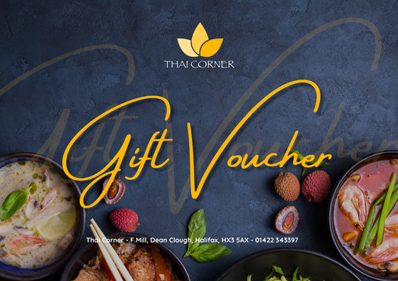 Gift voucher ad for The Corner with food dishes and gold script on a dark blue background