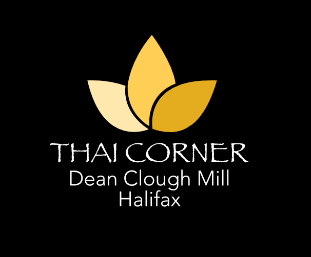 Thai Corner logo with gold lotus on black background, text: Dean Clough Mill, Halifax
