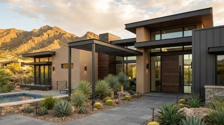 Modern desert home exterior with stone walkway, pool, and mountain backdrop at sunset