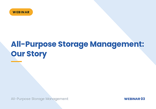 Webinar slide titled “All-Purpose Storage: Our Story” on a white background with blue accents