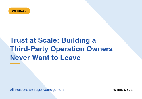 Webinar slide: “Trust at Scale: Building a Third-Party Operation Owners Never Want to Leave” on a white and blue background