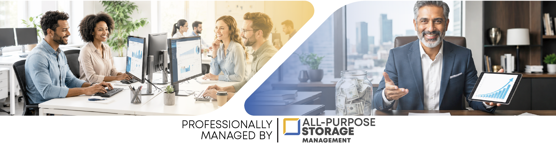 All-Purpose Storage Management corporate banner showing an office team collaborating and a business