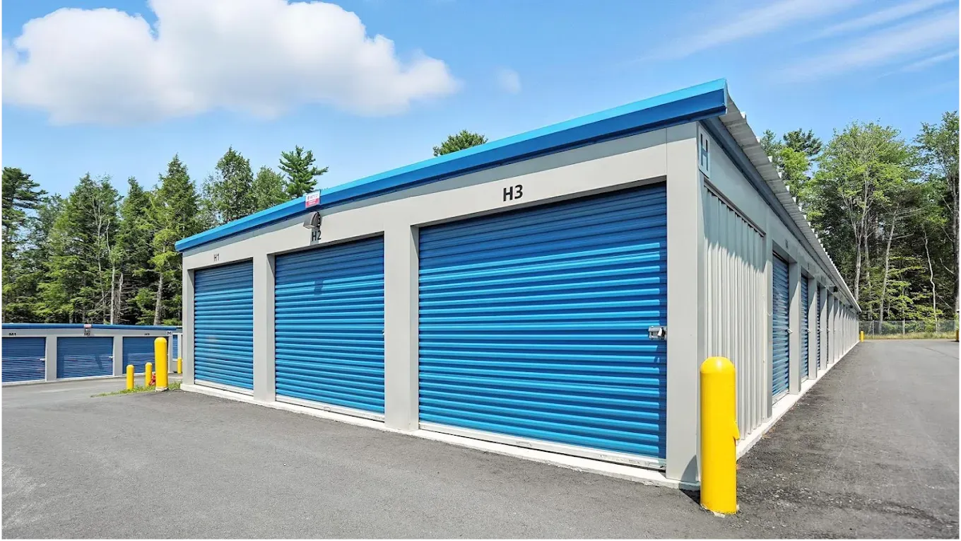 Self-storage facility with blue roll-up unit doors