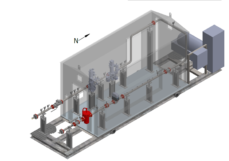 A 3d model of a building with pipes coming out of it.
