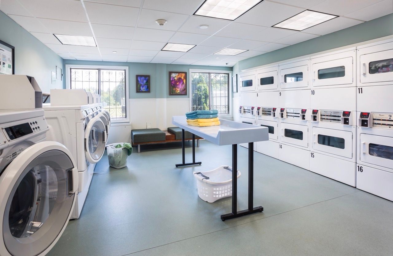 Communal laundry room with washers, dryers, and folding table.