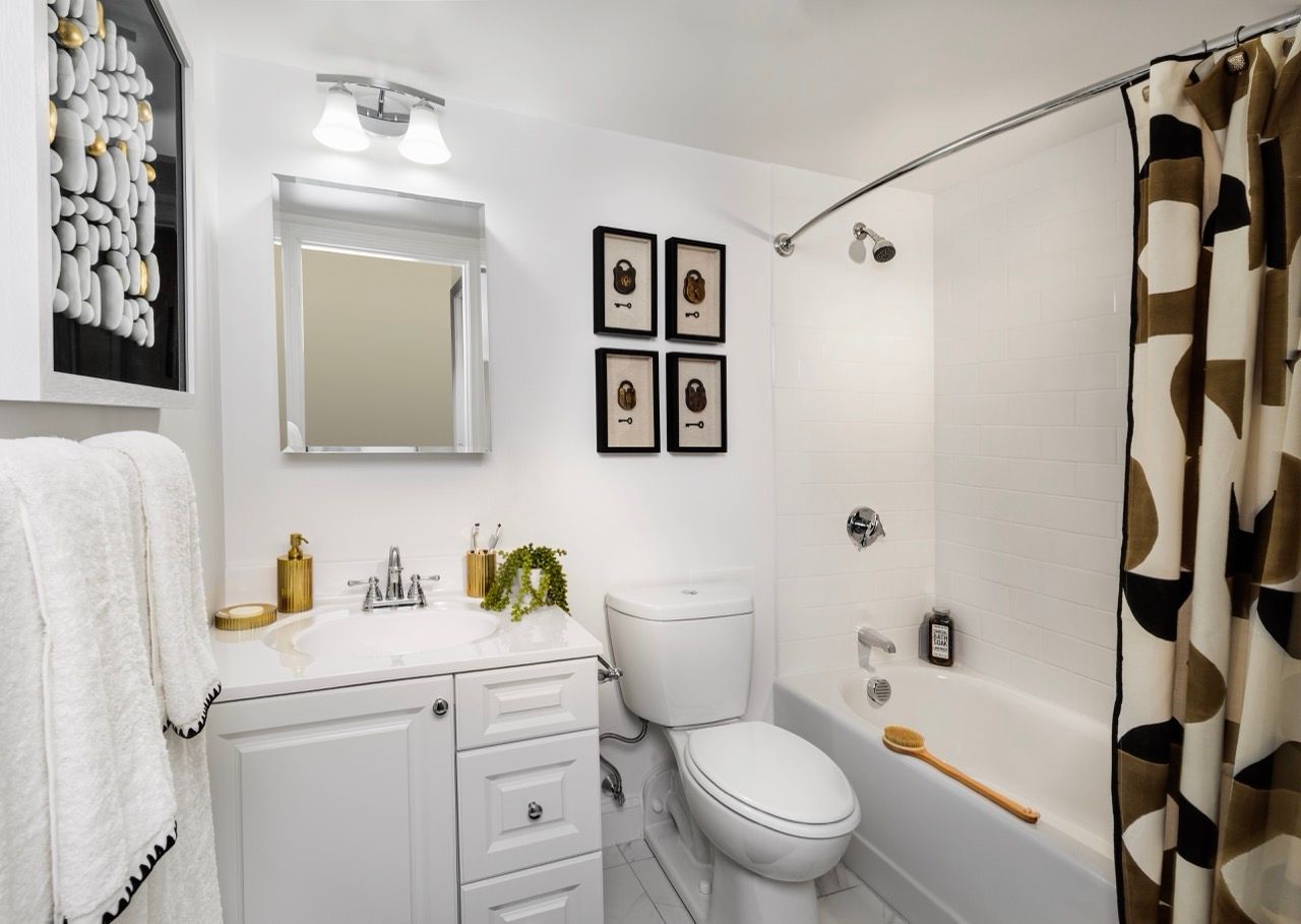 White bathroom with vanity, mirror, toilet, and bathtub/shower with a patterned curtain.