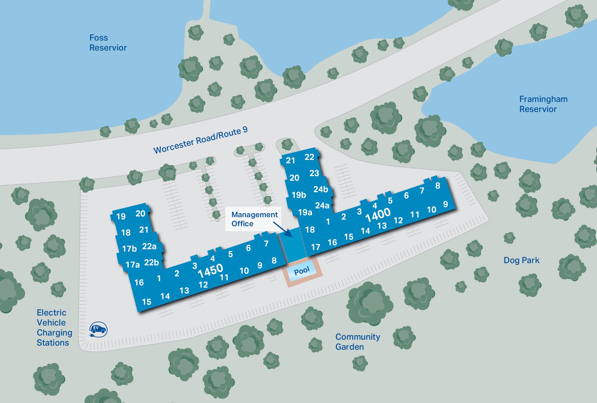 Site map of a building with blue highlighted floor plan, roads, trees, and nearby water features
